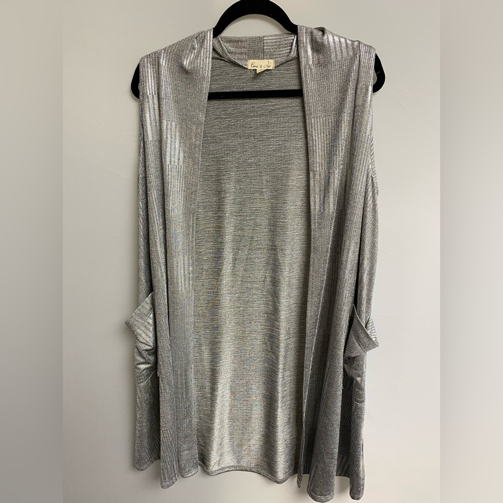 Emi & Joe Women's Silver Shiney Lightweight Polyester Blend Cardigan Size Medium